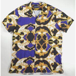 Suslo Couture Shirt Mens 2XL Blue Black Gold 4-Way Stretch Short Sleeve